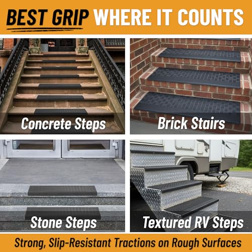 Ottomanson Bullnose Stair Treads Outdoor – Grid Heavy-Duty Non-Slip Stair Mats – Best Grip on Concrete, Brick & Textured Step – Fastening Required for Wooden & RV Steps, Pack of 5 - color: Black Square Grid - Bullnose