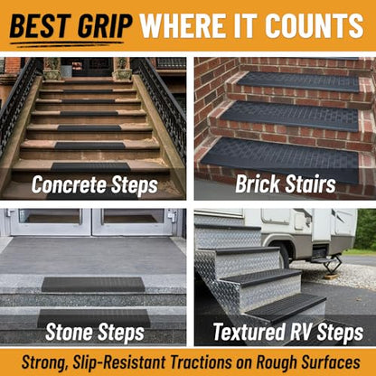 Ottomanson Bullnose Stair Treads Outdoor – Grid Heavy-Duty Non-Slip Stair Mats – Best Grip on Concrete, Brick & Textured Step – Fastening Required for Wooden & RV Steps, Pack of 5 - color: Black Square Grid - Bullnose