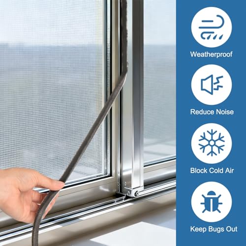 YoleShy 33 Ft Brush Weather Stripping Door Seal Strong Self-Adhesive Weather Stripping Window Seal Soundproofing Windproof Dustproof 0.35 in Wide x 0.6 in Thick, Grey - size: 0.35 x 0.6 inches