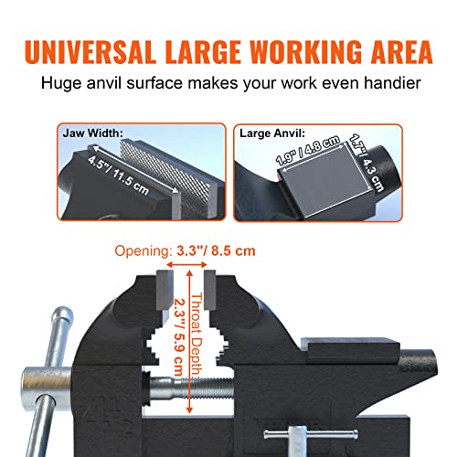 VEVOR Bench Vise, 4.5-inch Jaw Width 3.3-inch Jaw Opening, 240-Degree Swivel Locking Base Multipurpose Vise w/Anvil, Heavy Duty Cast Iron Workbench Vise w/Bolts & Nuts, for Drilling, Pipe Cutting - size: 4.5 Inch