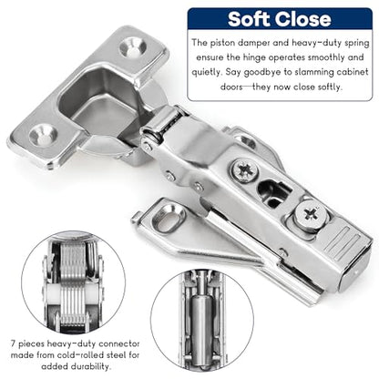 10 Pack 1/2'' Overlay Face Frame Soft Close Hidden Cabinet Hinges, 105 Degree 3D Adjustable Clip On Plate Concealed Kitchen Cupboard Door Hinges with Screws