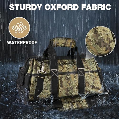 WORKPRO 16-Inch Wide Mouth Tool Bag, Multi-Pocket Tool Bags for Men with Adjustable Shoulder Strap, Waterproof Oxford Fabric and Sturdy Buttom - color: Camouflage