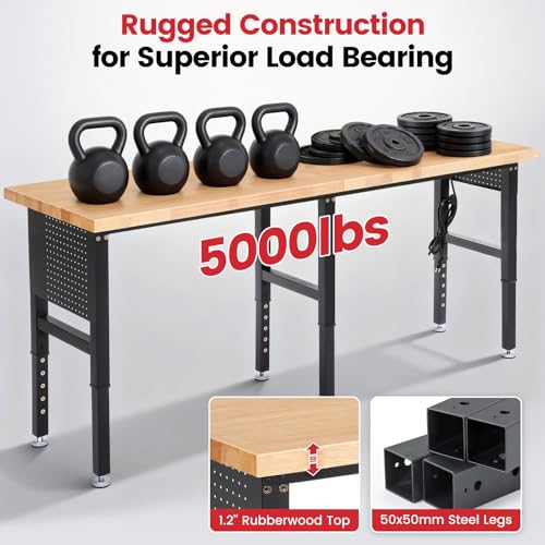ENJOYWOOD 84" x 24" Heavy Duty Workbench Adjustable Height Garage Work Table with Solid Rubberwood Top, Extended Pegboards & Power Outlets for Workshop, Home & Office - size: 84 Inch