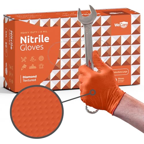 WECARE 8 Mil Nitrile Gloves - Heavy Duty Mechanic Gloves, with Diamond Grip - Powder and Latex Free Disposable Gloves - color: Orange, size: Large