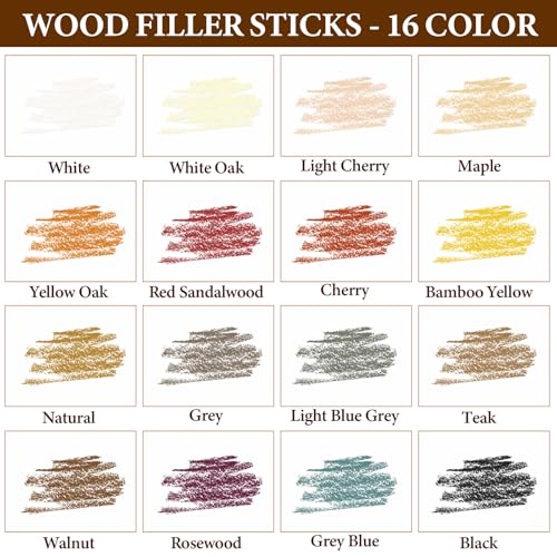 Wood Filler Sticks, 16 Colors Wax Filler Touch Up Pen, Wood Repair Crayons to Fix Scratches, Scuffs, Cracks, Stains and Holes on Hardwood Floors, Furniture, Cabinets, Tables, Doors