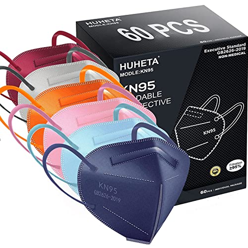 HUHETA KN95 Face Mask 60 Pack, 5-Ply Breathable & Comfortable Safety Mask, Filter Efficiency≥95%-Individually Wrapped