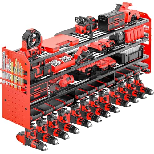 Large Power Tool Organizer Wall Mount-12 Drill Holder, Metal Heavy Duty Garage Tool Storage Shelves with Screwdriver Plier Holder, Gifts Idea for Men Dad Husband - color: Red, size: 1PC 12 Drills Holder