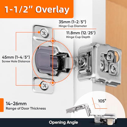 Decobasics 4 Pack Soft Close Cabinet Hinges 1-1/2" Overlay for Kitchen Cabinet Doors, Slow Self-Closing Concealed Hidden Hinges for Face Frame –Stainless Steel, 3-Way Adjustable & Quiet Close Damper - size: 1-1/2 Inch