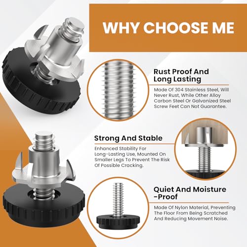 1/4" Furniture Leveling Feet with T-Nuts, 12 Pcs Stainless Steel Adjustable Leveling Feet, Screw on Table Leg Levelers for Table, Cabinets, Chairs, Stool Legs