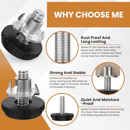1/4" Furniture Leveling Feet with T-Nuts, 12 Pcs Stainless Steel Adjustable Leveling Feet, Screw on Table Leg Levelers for Table, Cabinets, Chairs, Stool Legs