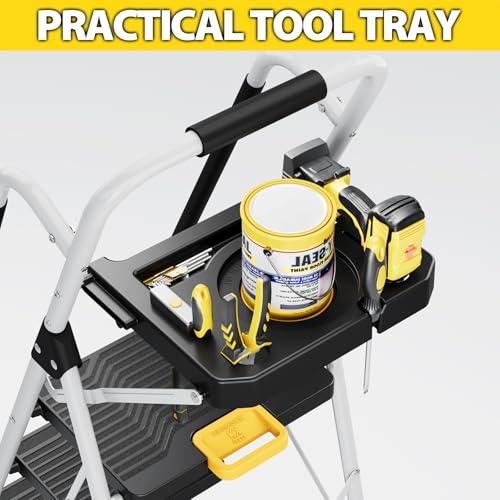 KINGRACK Folding 5-Step Ladder, 800 lbs Capacity Step Stool with Safety Lock, Tool Tray, Non-Skid Wide Steps, Handrail, Household Folding Ladder for Home, Garden, Painting, Outdoor, and Garage, White - size: 5-STEP