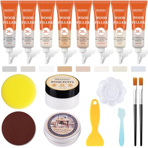 SEISSO Wood Repir Kit, 8 Colors Touch up Fillers, Wood Putty with Wood Polish Wax - Restore Stains, Scratch, Cracks, Hole, Hardwood Furniture Repair Kit for Cabinet, Floor, Door, Table - size: 8+1+1