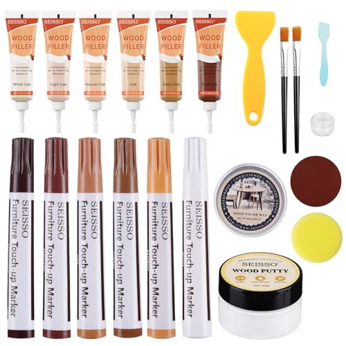 SEISSO Wood Furniture Repair Kit, 6 Colors Wood Fillers and Touch Up Markers, Wooden Putty, Wood Polish Wax for Repair Scratches, Stains, Cracks of Laminate, Door, Table, Cabinet, Floor - size: 6+6+1 Colors