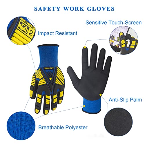 3 Pairs Work Gloves, Impact Resistant Gloves with Rubber for Men Women, Nitrile Palm Touch Screen Cut Resistant Glove, Durable Mechanic Heavy Duty Impact Gloves for Construction Gardening DIY - size: X-Large