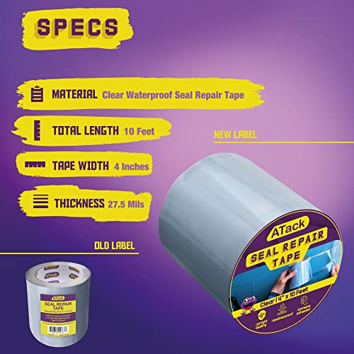 ATack Waterproof Patch and Seal Tape, Clear, 4 Inches x 10 Feet, Water Barrier Tape for Stop Leak Repair on Pipes, Chimney, Roof, Boat, and HVAC - color: Clear