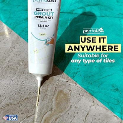 PentaUSA Tile Grout Repair Kit - Ceam Ivory Premixed Acrylic Sanded Grout, Water-Resistant Grout Filler for Bathroom&Shower, Kitchen Floor, Fast Drying, with Applicator, 13.4 oz (380g) - style: Cream Ivory