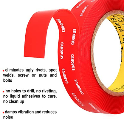 CANOPUS Double Sided Mounting Tape, Strong & Heavy Duty, Permanent Clear 4910, for Indoor Outdoor Fixing, DIY Crafts, LED Lights, Car Glass, Home & Office Walls Decoration, 0.75in x 15ft, Made in USA - size: 0.75in x 15ft