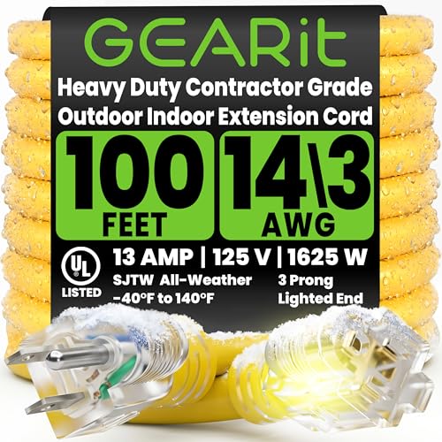 GEARit 100 ft Outdoor Extension Cord 14/3 Gauge SJTW 14 AWG, 3-Prong Heavy Duty Power Cable with Lighted End, 15A 125V 1875W, Waterproof Cord for Tools, Lawn & Garden, Yellow - size: 14 AWG Gauge, style: 100 Feet (SJTW Rated)