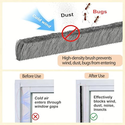 Weather Stripping Door Seal 2 Packs 0.6in (T x 0.4in (W) x 66FT,Grey Brush Self Adhesive Brush Seal Tape for Door Window Draft Stopper Noise Blocker Sliding Door - size: 2 Pack 0.6"x 0.4" x33FT