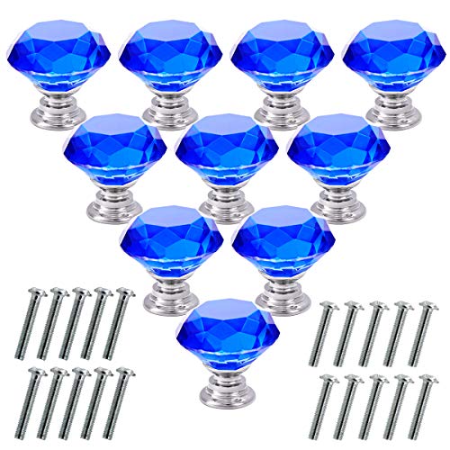 Akstore 10 Pcs Crystal Glass Cabinet Knobs 30mm Diamond Shape Drawer Kitchen Cabinets Dresser Cupboard Wardrobe Pulls Handles (Blue) - color: Blue