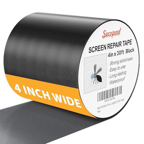 Secopad Black Window Screen Repair Kit, 4 in X 30 FT (360IN) Screen Repair Tape for Windows or Doors, Strong Adhesive Fiberglass Mesh Patch Tape - color: Black, size: 4in X 30ft