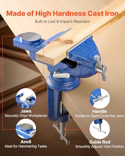 VEVOR Bench Vise, 3 Inch, Portable Workbench Vice with 360° Swivel Base, Quick Release Rotating Bench Clamp, Raised Base, Cast Iron Construction, for Woodworking, Metalworking, Drilling, and Cutting - size: 3inch