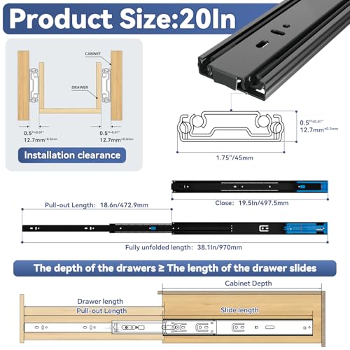 ToBeGreat Push to Open Soft Close Drawer Slides 20 Inch Side Mount Dresser Runner Black,2/3 Full Extension Ball Bearing 100 LB Kitchen Nightstand Glides Rails 1 Pair - color: Black(Push to Open & Soft Close)-1 pair, size: 20 Inch