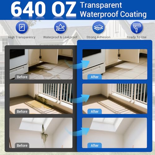 Transparent Waterproof Coating, 5 Gallon Clear Waterproof Anti Leakage Sealant, Inivisible Agent Water Proof Sealant Protection for Indoor and Outdoor Sealing, Gutter, Wall, Roof Repair Leaks - style: 640 OZ