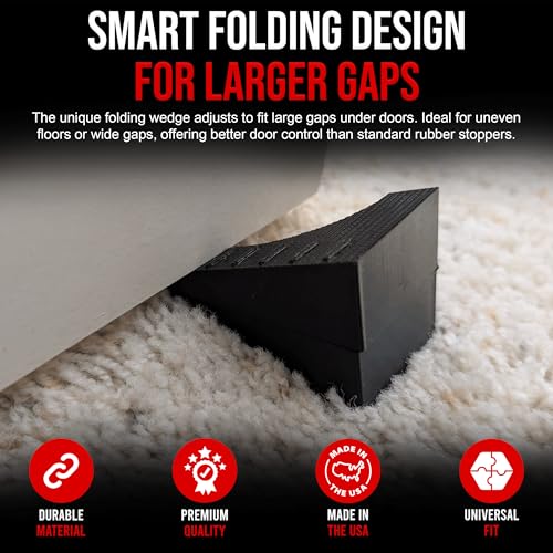 USA Made Folding Rubber Door Stopper Wedge – 2 Pack Black Heavy Duty Door Stops for Bottom of Door – Works on Carpet & Hard Floors – Hangs on Doorknob – Apartment & Office Essential