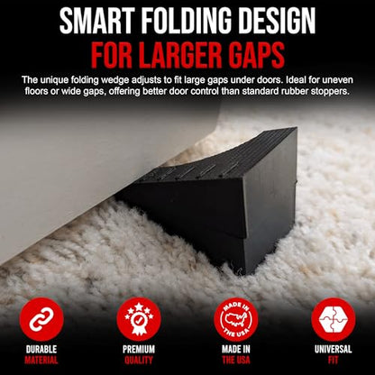 USA Made Folding Rubber Door Stopper Wedge – 2 Pack Black Heavy Duty Door Stops for Bottom of Door – Works on Carpet & Hard Floors – Hangs on Doorknob – Apartment & Office Essential