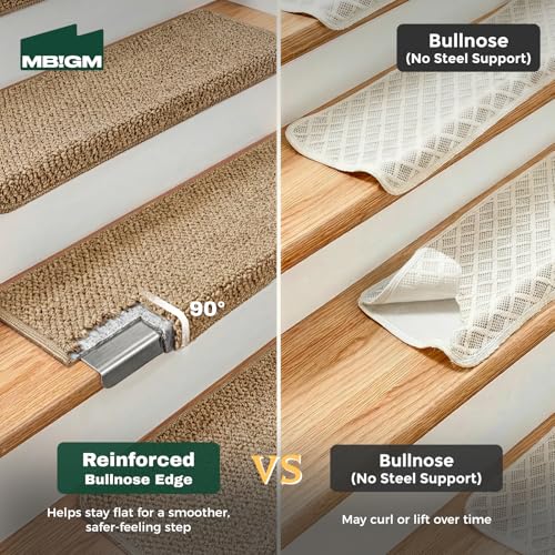 MBIGM Bullnose Non-Slip Stair Treads w/Reusable Adhesive 14 Pack 9.5" x 30" Wooden Steps Protection - TPU Backing with Steel Reinforcement - Anti-Slip Solution Knitted Camel Non Slip Stair Tread - color: Camel - Knitted