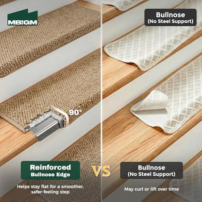 MBIGM Bullnose Non-Slip Stair Treads w/Reusable Adhesive 14 Pack 9.5" x 30" Wooden Steps Protection - TPU Backing with Steel Reinforcement - Anti-Slip Solution Knitted Camel Non Slip Stair Tread - color: Camel - Knitted