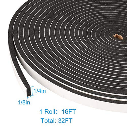 2 Rolls Weather Stripping,1/4 Inch Wide X 1/8 Inch Thick Foam Seal Tape High Density Foam Strip Self Adhesive,Closed Cell Foam Tape Seal Strip,16 Feet Long Each - size: 1/4"W x 1/8"T x 32FT
