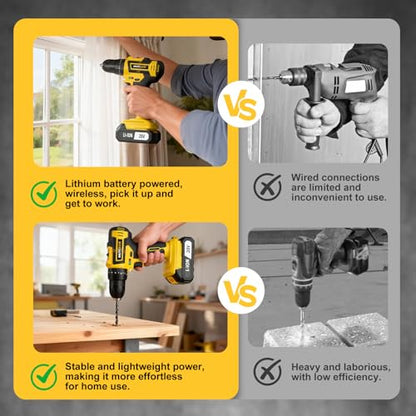 Cordless Drill Set 70PCS, Power Drill Cordless with Battery and Charger, 3/8" Keyless Chuck Electric Drill Tool Kit for Home Repair and DIY Projects, 2 Batteries