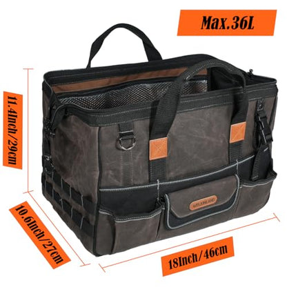 WELKINLAND 18 Inch Waxed Canvas Tool Bag, Heavy-Duty Electrical Tool Bag, Large-Opening 28-Pocket Tools Bag, 36L Tool Bags For Men, Quick-Access HVAC Tools Bags