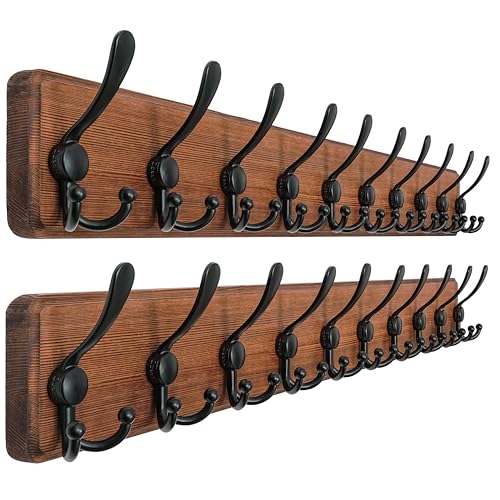 Dseap Coat Rack Wall - Heavy-Duty 38-1/4" Long, with Reinforced 10 Custom Tri-Hooks, Solid Wood Wall Hanger for Coats Hat Jackets - Rustic Farmhouse Entryway Storage, Natural & Black, Pack of 2 - color: Natural & Black, size: L=38.3"