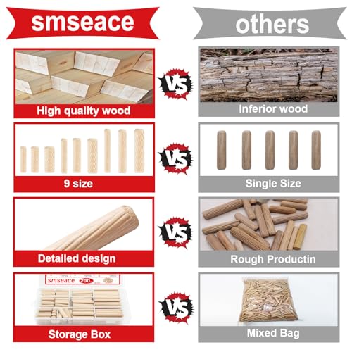 smseace Wooden Dowel Pins with Tapered End with Bevel Angle Groove Wood Pegs - 9 Sizes 6/25inch 5/16inch 3/8inch(6mm, 8mm, 10mm) Used for Crafts, Furniture, Door, DIY - size: 200Pcs Twill Wood Pin - 9 Sizes