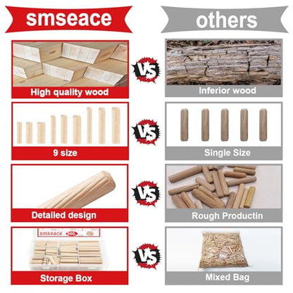 smseace Wooden Dowel Pins with Tapered End with Bevel Angle Groove Wood Pegs - 9 Sizes 6/25inch 5/16inch 3/8inch(6mm, 8mm, 10mm) Used for Crafts, Furniture, Door, DIY - size: 200Pcs Twill Wood Pin - 9 Sizes
