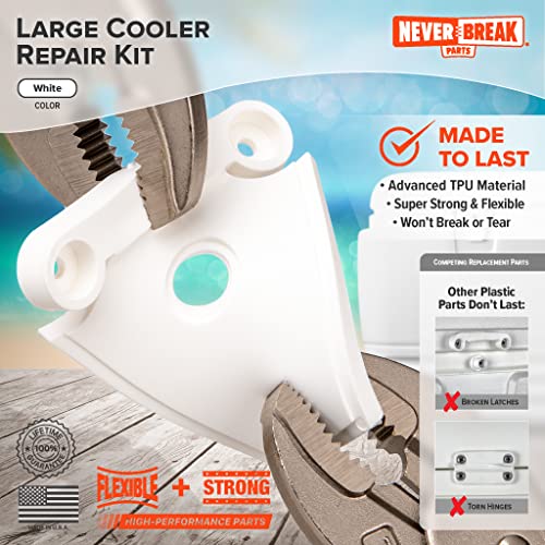 NeverBreak Parts - Igloo Cooler Replacement Parts - Large Repair Kit | High Strength Igloo Cooler Hinges Replacement with Latches | Ice Chest Repair Kit - color: White