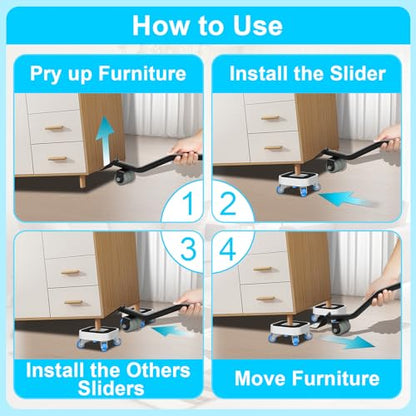 New Upgrade Furniture Sliders, Furniture Dolly with 360° Rotatable Wheels, Furniture Movers for Moving Heavy Duty Sofa, Bed, Load Capacity Up to 900lb - size: 1.25in wheels + 1 pry bar