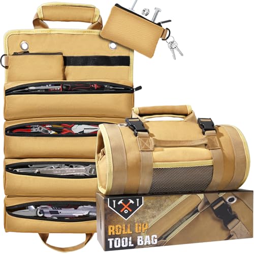 QcoQce Heavy Duty Oxford Tool Roll, Waterproof Durable Tool Bag with 6 Pockets, Tool Organizer for Garage, Vehicle Maintenance, Home Repairs, Portable Roll Up Tool Bag Gift for Men - color: Khaki