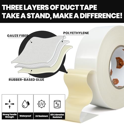 TAPEBEAR 16.5mil Thick White Duct Tape Heavy Duty 1.88" x 105FT, Strong Tough Utility Ducting Tape Waterproof, No Residue, Flexible, Hand Tear Binding Tape for Bundle, Patch, Protect & Repair - color: White