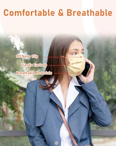 Face Masks Disposable 100 Pack, 4 Ply ASTM Level 3 Medical Grade, Breathable for Adult Outdoor Protection, Individually Wrapped for Home, School & Office, Autumn Wheat - color: Autumn Wheat