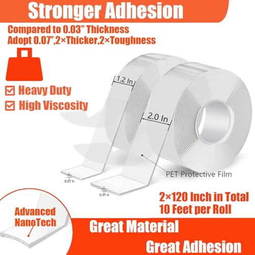 Double Sided Heavy Duty Extra Strong Adhesive Removable Tape - 1.2 & 2 Inch x 20 feet - Nano Tape for Poster Carpet Picture Hanging Strip Rug Wall Outdoor - Multipurpose Clear Mounting Tape - size: 1.2" & 2"