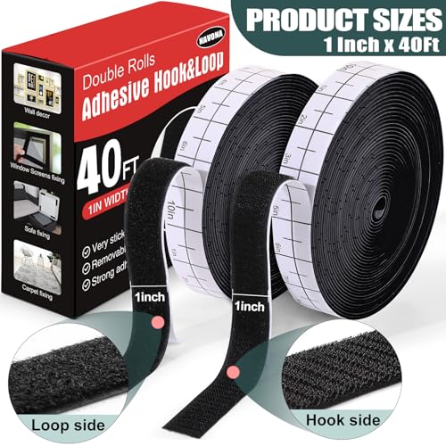 Navona 40Ft x 1Inch Hook and Loop Strips with Adhesive, Heavy Duty Self Adhesive Tape with Back, Strong Sticky Back Fastener Roll for Home, Office, School, Crafting, Black - color: 1in x 40ft-black