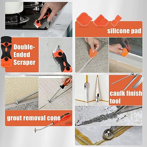 Caulking Tool Kit, Matework Stainless Steel Caulk Remover Caulking Tool Set with Cut Resistant Gloves, Scraper, Silicone Caulking Tools, 4 in 1 Caulking Finishing Tool for Bathroom Kitchen Living Room - color: Silver kit