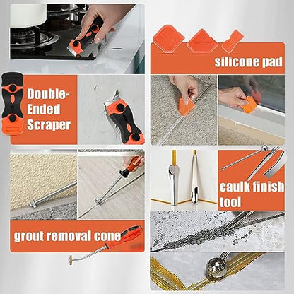 Caulking Tool Kit, Matework Stainless Steel Caulk Remover Caulking Tool Set with Cut Resistant Gloves, Scraper, Silicone Caulking Tools, 4 in 1 Caulking Finishing Tool for Bathroom Kitchen Living Room - color: Silver kit
