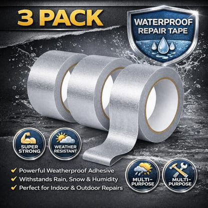 Silver Duct Tape Heavy Duty, 3 Pack 90 Yd Total, Waterproof Strong Adhesive Tape, 8.26 Mil Thick, Multi Purpose for Repairs, Sealing & Outdoor Use