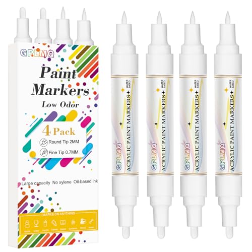 White Paint Pens - 4 Pack Dual Tip Acrylic Paint Markers (0.7mm & 3mm), Non-Toxic, Water Based Markers for Art Painting, Stone, Ceramic, Glass, Wood, Fabric, Metal, DIY Crafts - color: White