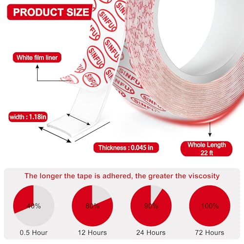 Sinfuo Double Sided Tape Heavy Duty, Removable Nano Double Sided Adhesive Tape(22Ft), Removable Damage Clear Mounting Tape Picture Hanging Adhesive Strips - size: 1.18in x 22ft